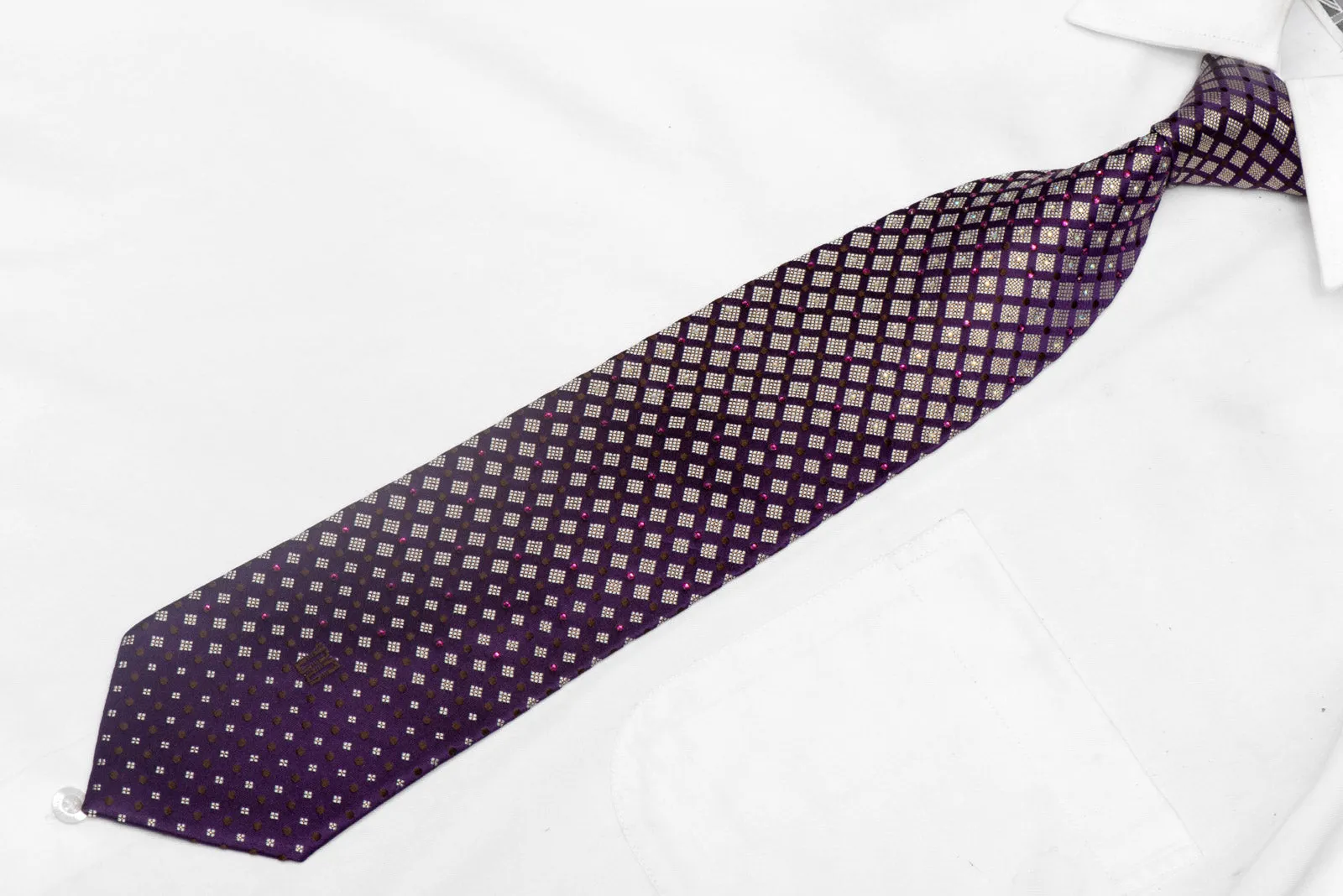 Silver Brown Geometric On Purple Rhinestone Tie With Sparkles