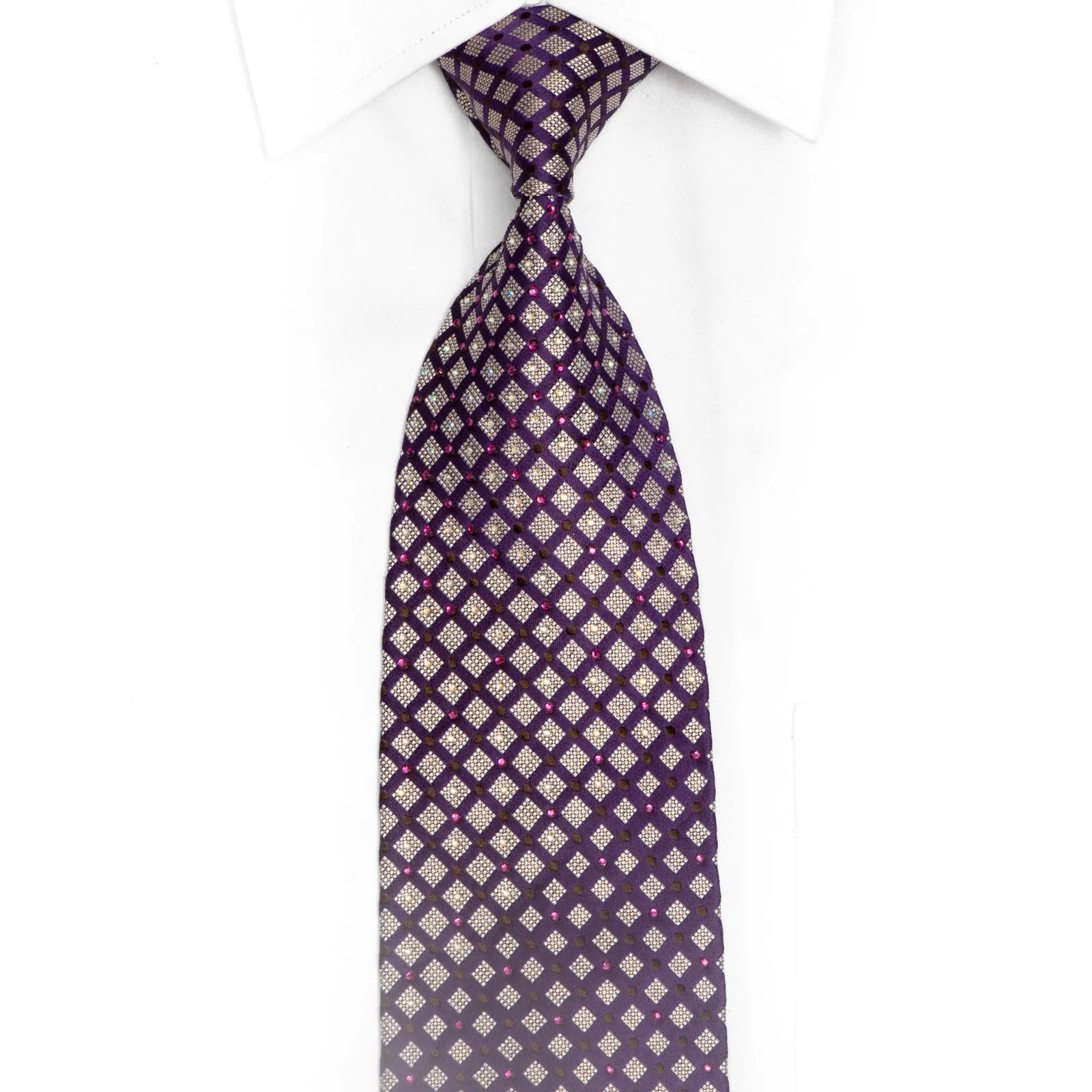 Silver Brown Geometric On Purple Rhinestone Tie With Sparkles