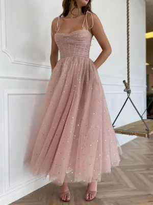 Spaghetti Straps Tea Length Pink Prom Dresses