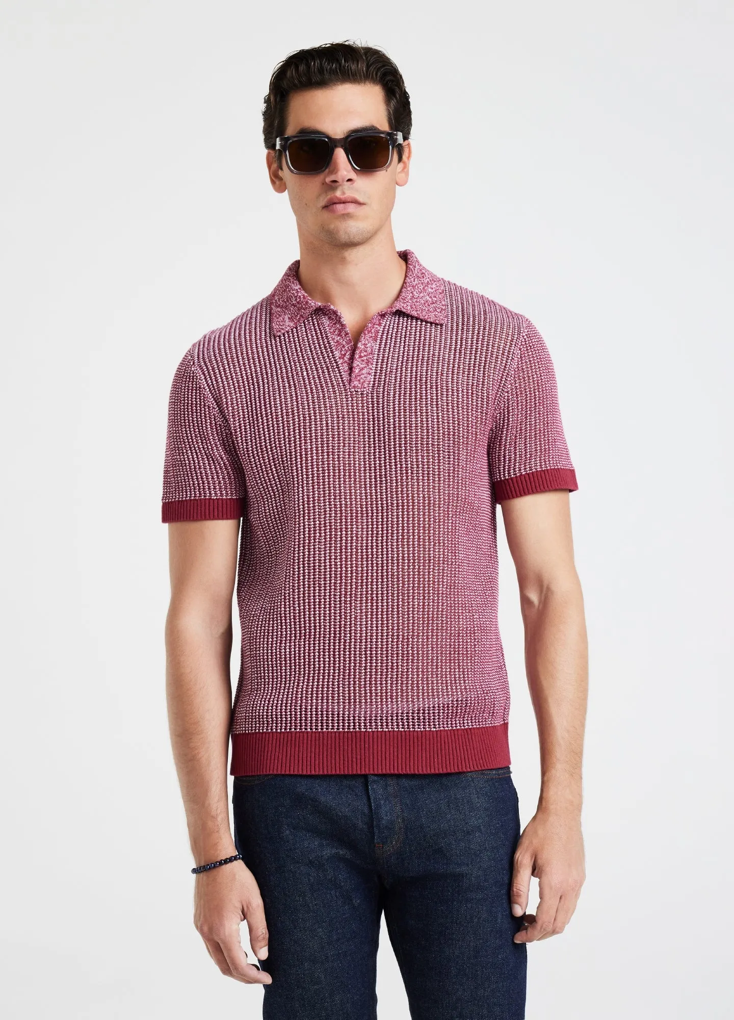 Speckle Mesh Knit Polo Red