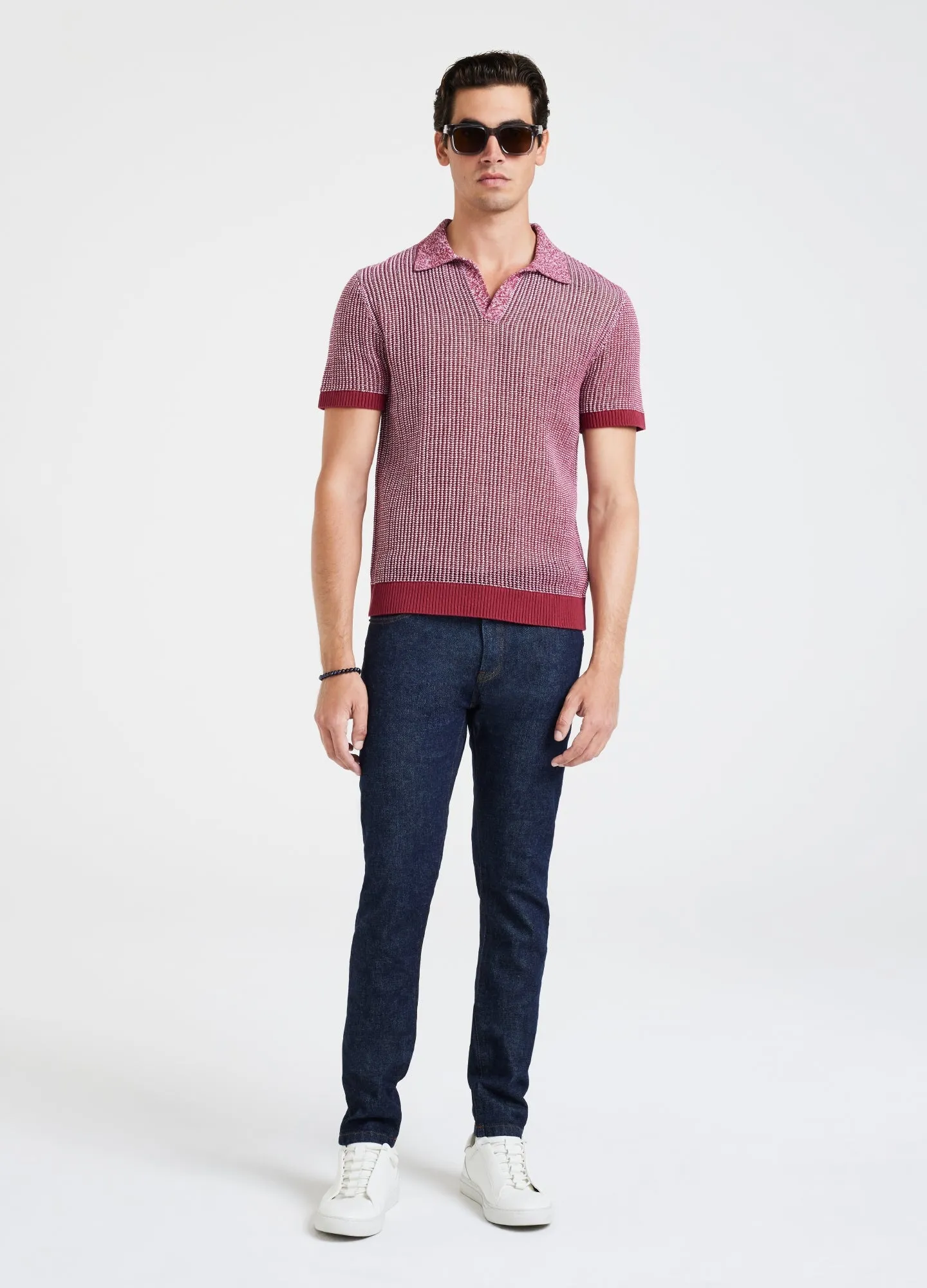 Speckle Mesh Knit Polo Red