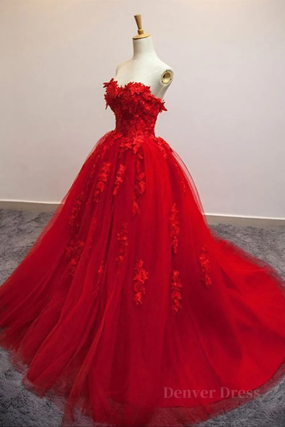 Sweetheart Neck Red Lace Floral Long Prom Dresses Red Lace Formal Evening Dresses Red Ball Gown