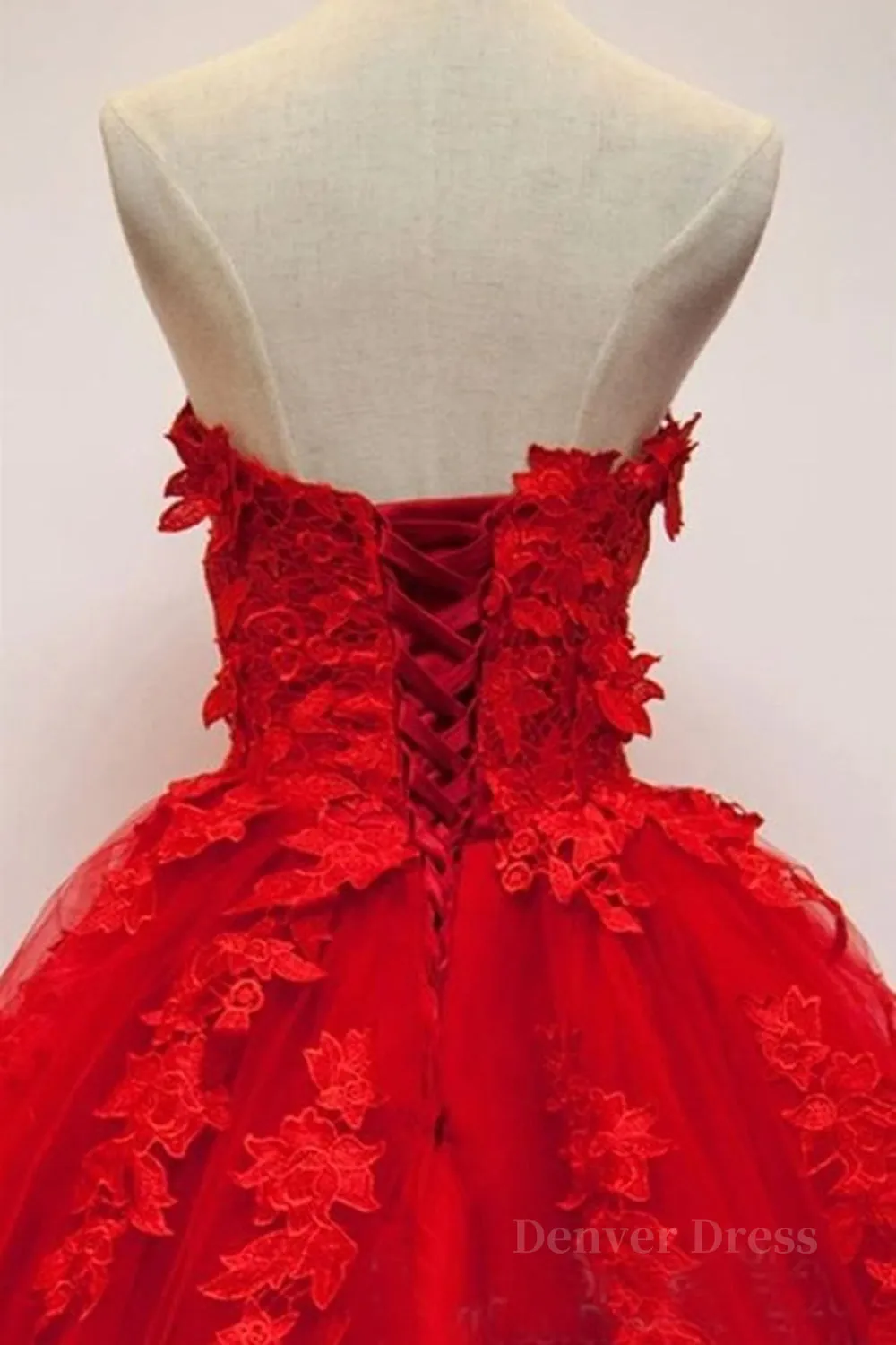 Sweetheart Neck Red Lace Floral Long Prom Dresses Red Lace Formal Evening Dresses Red Ball Gown