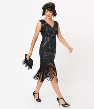 Unique Vintage Black Iridescent Beaded Zelia Fringe Flapper Dress