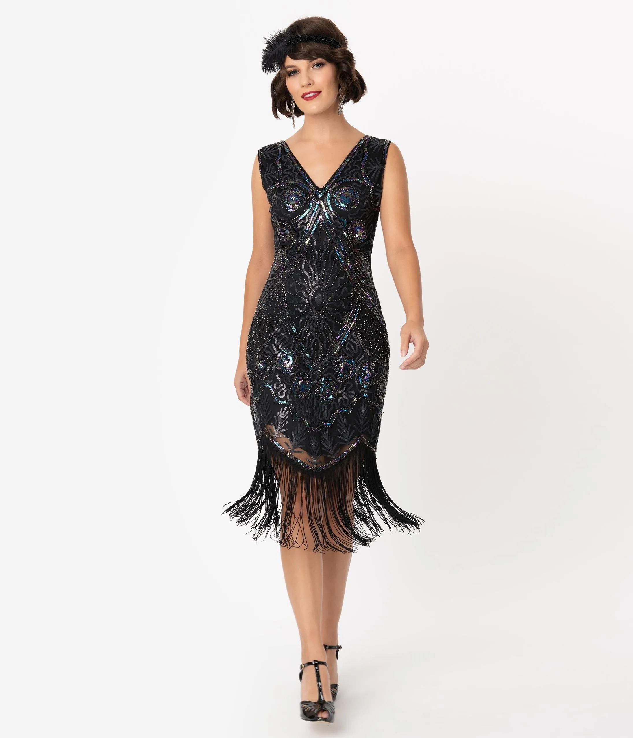 Unique Vintage Black Iridescent Beaded Zelia Fringe Flapper Dress