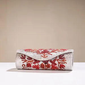 White - Original Chain Stitch Crewel Embroidery Velvet Clutch