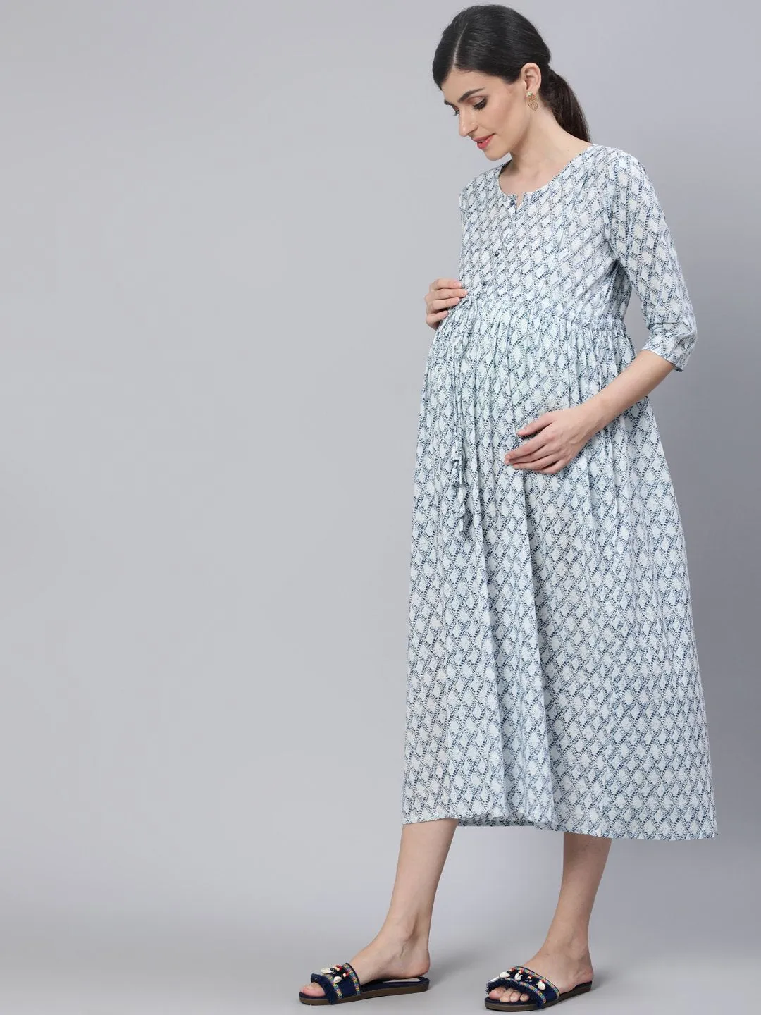 Women Off White & Blue Floral Printed Maternity Dress With Three Quarter Sleeves