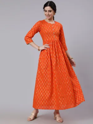 Women Orange Ethnic Printed Gratherd Dress