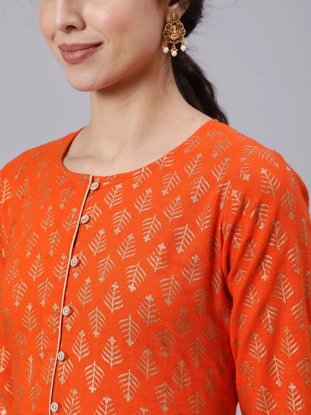 Women Orange Ethnic Printed Gratherd Dress