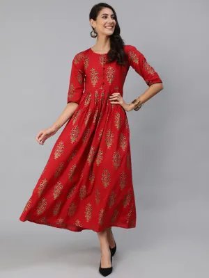 Women Red & Gold Printed Maxi Dress With Three Quarter Sleeves