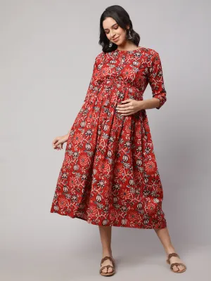 Women Red Floral Printed Flared Maternity Dress