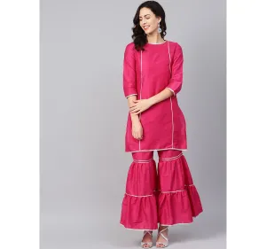 Women'S Pink Silk Solid Kurta With Sharara