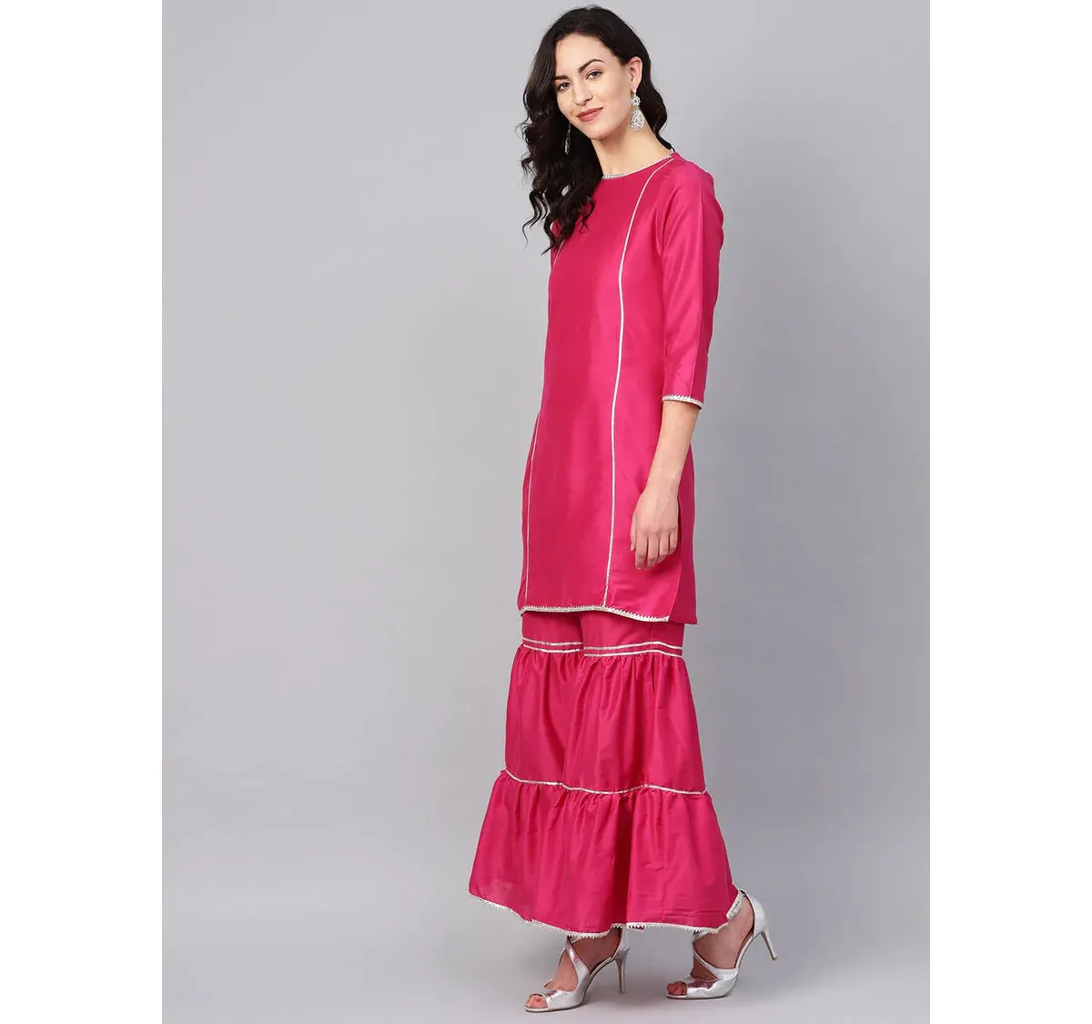 Women'S Pink Silk Solid Kurta With Sharara